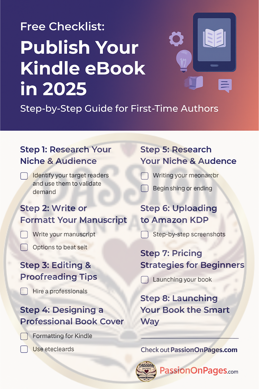 Author workspace with Kindle device and a publishing checklist